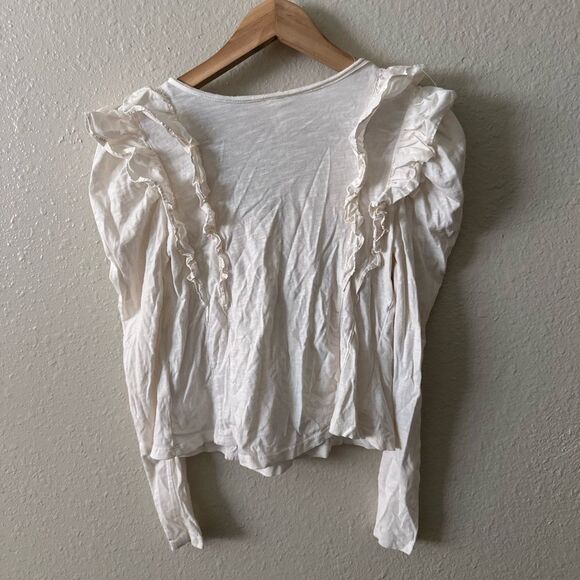 Anthropologie Cream Puff Sleeve Ruffle Long Sleeve Top Size XP Petite Cotton - Picture 4 of 5